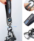Premium Genuine Leather Car Key Chain Ford Style Zinc Alloy Key Fob Cover Black featuring 360° swivel hook and key attachment.