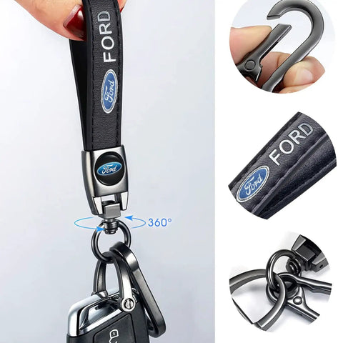 Premium Genuine Leather Car Key Chain Ford Style Zinc Alloy Key Fob Cover Black featuring 360° swivel hook and key attachment.