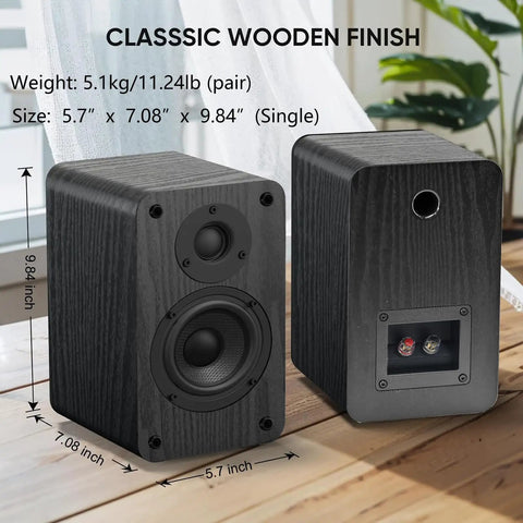 Classic wooden finish on powered bookshelf speakers with wireless 100W RMS Bluetooth and eARC, carbon fiber 4-inch woofers.
