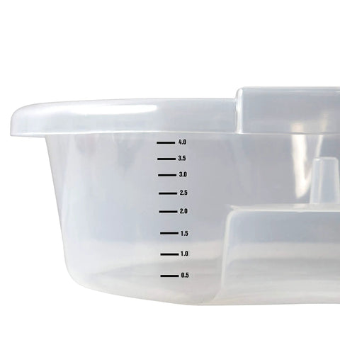 Clear Oil Drain Pan With Built In Level Scale For Easy Volume Tracking 4.5 Liter Capacity Has A Drain Filter Shelf side view