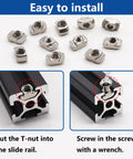 Close-up of 260Pcs M3 M4 M5 T Slot Nuts and Button Head Screws Kit installation for 2020 Aluminum Extrusion Profile, easy to install.