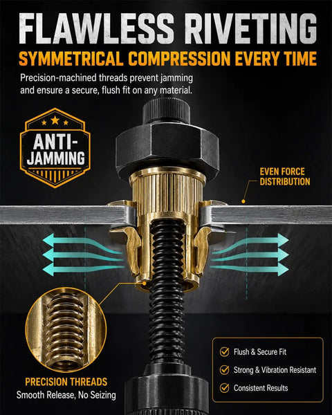 Close-up of Pro Rivet Nut Tool Kit With M3 To M12 Mandrel Nosepiece showing precision threads for flawless riveting.