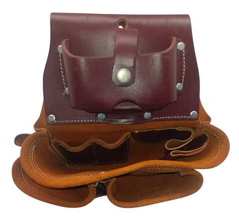 Real Deal Leather Framer’s Rig Tool Belt With 15 Easy-Reach Pockets, shown close-up with sliding pouches and sturdy stitching.