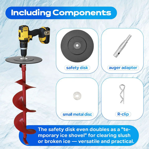 Image showing components of Two Stage Ice Auger Adapter Kit That Lets You Hook Up Your Drill To Any Hand Auger With A 9.05 Inch Stopper Disc Fits Half Inch Drill Chucks Compatible With Most Brands For Quick Ice Drilling, including a drill, safety disk, auger adapter, small metal disc, and R-clip.