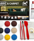 Fabric And Carpet Repair Kit For Tears, Holes, And Burns Easy DIY Patch kit with tools, color palette, and fabric glue for upholstery repairs.
