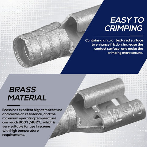 High Temperature Female Non Insulated Spade Connectors Pro Grade 100 Pack For 12 To 10 Gauge showing textured surface and brass material