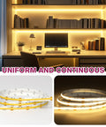 COB LED Strip Light Warm White 3000K High Density Tape Light, 2560 LEDs Per Roll in home office setup and product detail.