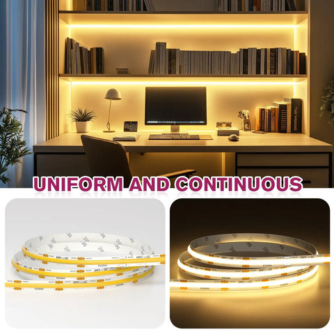 COB LED Strip Light Warm White 3000K High Density Tape Light, 2560 LEDs Per Roll in home office setup and product detail.
