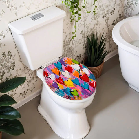 Generic Round Resin Toilet Seat for Bathroom with colorful heart design on a round toilet.