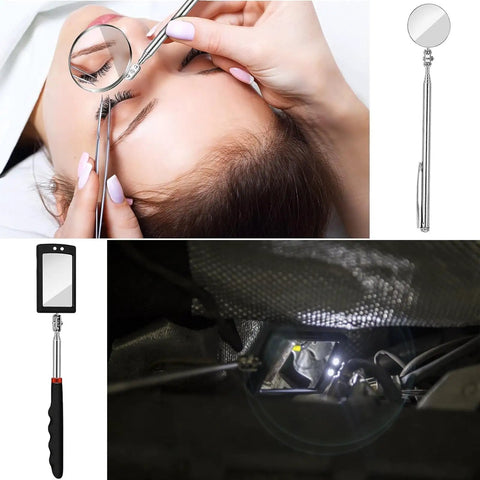 Two Pack Telescopic Inspection Mirror With LED Light, 360 degree rotating mirrors for tight spaces and home use