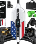 Heavy Duty Electric Vehicle Charger Built For Tesla Level 1 And 2 J1772 Portable Wall Mount With Wi Fi App Control 32 Amp 25 Foot Cord Etl Certified with screen and accessories.
