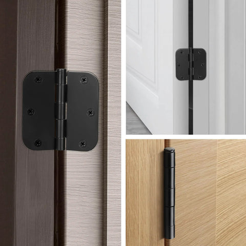 Matte Black Door Hinges 3 Pack 3.5 Inch By 3.5 Inch Heavy Duty No Squeak Rust Proof Interior Hinge Set with five eighths radius corners.