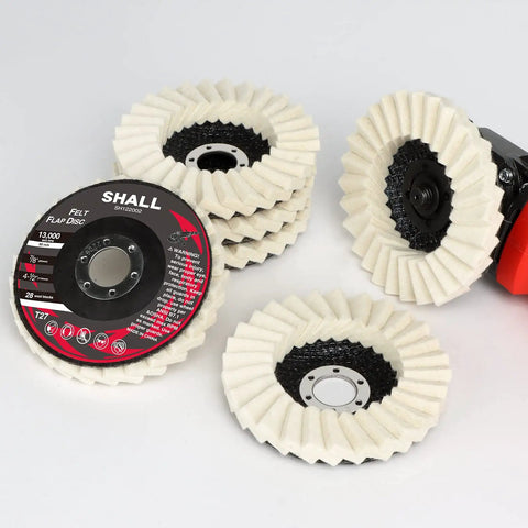 Six Pack Felt Flap Discs For Angle Grinder Four And A Half Inch By Seven Eighths Inch Arbor Premium Wool Buffing Wheel Pad displayed