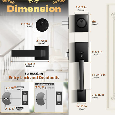 Dimensions of Matte Black Front Door Handle Set With Single Cylinder Deadbolt Exterior Door Lock System for Front Entry