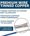 Close-up of 22 AWG UL1007 Tinned Copper Hook Up Wire showing tinned surface, 100 feet blue flexible oxidation resistant wire