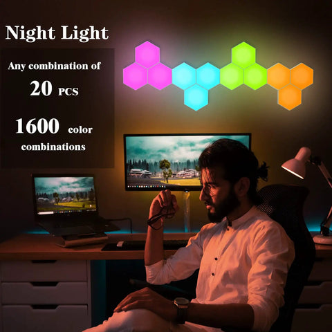 Hexagonal Wall Light Kit With Modular Touch Sensing Panels Dope 10 Pack LED Geometric Wall Lamps For Living Rooms And Bedrooms Remote Controlled Color Changing LEDs 13 Monochrome Modes USB Powered DIY Friendly displayed in a home office