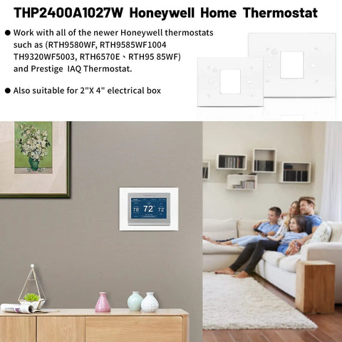 Thermostat Backplate And White Wall Mount Cover Plate For THP2400A1027W Compatible With Honeywell RTH9580WF installed in living room