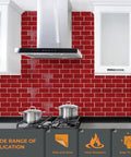 Peel And Stick Kitchen Backsplash Tiles Self Adhesive Subway Tile 11.8 By 11.8 Inches Red Glossy Water And Heat Resistant 3D Wall Tiles