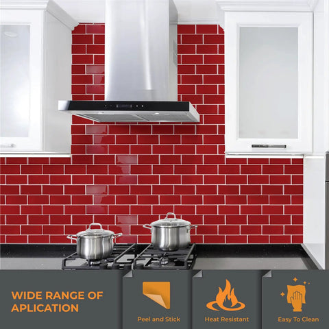 Peel And Stick Kitchen Backsplash Tiles Self Adhesive Subway Tile 11.8 By 11.8 Inches Red Glossy Water And Heat Resistant 3D Wall Tiles