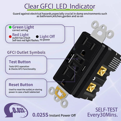 Heavy Duty Black GFCI Outlet With USB C And USB A Ports 8 Pack Self Testing GFCIs Socket with LED indicator details