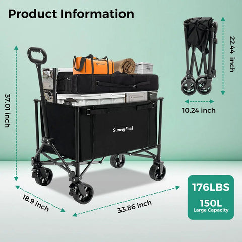 Collapsible Wagon Cart With Wheels 150L Foldable Grocery Wagon With Removable Side Walls 200Lbs Capacity, black, loaded with items.