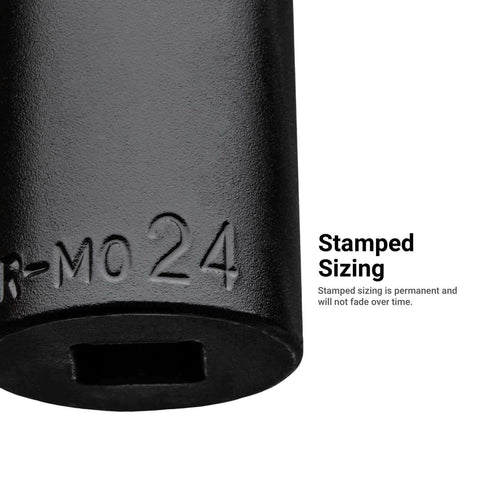 Close-up of 24mm socket from Three Eighths Inch Drive Shallow And Deep Impact Socket Set In Metric Sizes 8 To 22 Mm Premium Chrome Molybdenum Steel