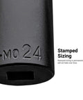 Close-up of Three Eighths Inch Drive Master Impact Socket Set number 24 in chrome molybdenum steel showing stamped sizing detail.