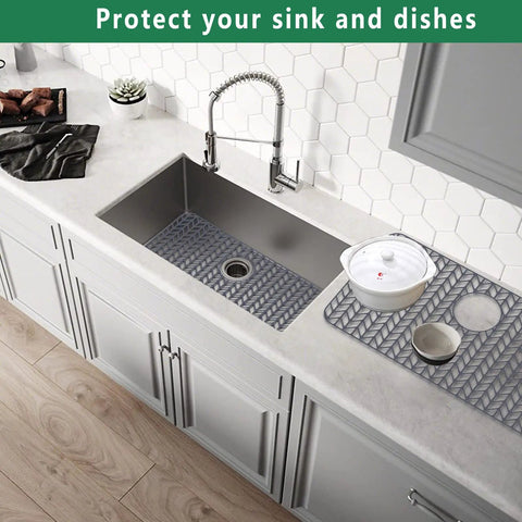 Kitchen with Silicone Sink Mat 26 By 14 Inches For Farmhouse Stainless Steel And Porcelain Sinks With Rear Drain Protector