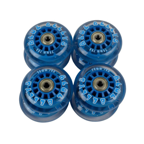 4-pack of blue 76mm 78A inline skate wheels with ABEC 5 bearings, suitable for indoor and outdoor use, multi purpose roller wheels for hockey, fitness, and cruising