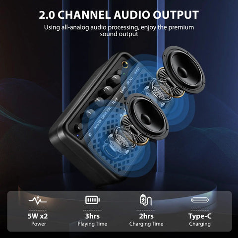 Mini Guitar Amp 5W Portable Practice Amplifier with clean and drive two channel effects, Bluetooth speaker, headphone jack, rechargeable battery, 2.0 channel audio output, in black.