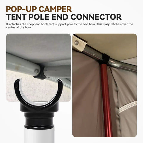 Two Pack Pop Up Camper Bed Support Clasp securing a tent pole, featuring quick-release center bow connector for solid setups.
