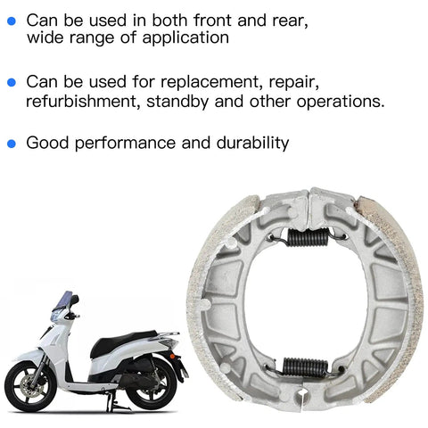 105mm rear drum brake shoes replacement for mini bikes and scooters shown with moped and text on usage and durability
