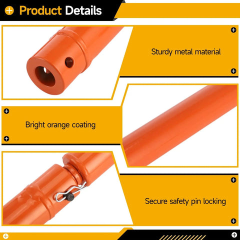 Close-up of Beefy Heavy Duty Auger Extension Drill Bit Set with orange finish, showing safety locking pin and steel material.