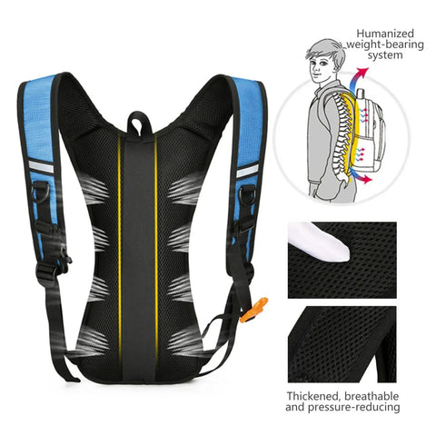 Back view of Hydration Pack For Outdoors With Water Bladder, Lightweight Hiking Backpack, padded shoulders, breathable system shown.
