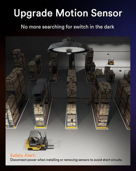 Smart Bluetooth UFO LED High Bay Light With Motion Sensor 100W 16,000 Lumens 5000K in warehouse setting with forklift
