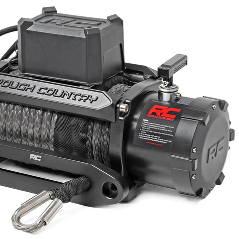 12000 Pound Pro Series Electric Winch With Heavy Duty Synthetic Rope For Off Road Recovery 85 Foot Three Eighth Inch Rope And A Six Horsepower Motor Black Model PRO12000S, side view