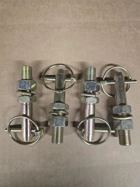 Heavy Duty Beefy Five Eighth Cat 0 Lift Arm Pins Set Of 4 With Lynch Pins for 3 Point Hitch Tractors on brown background