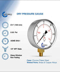 Dry 30 PSI Pressure Gauge With 4 Inch Dial Lower Mount Quarter Inch NPT Chrome Plated Steel Case Brass Wetted Parts Dual PSI Bar Scale ASME B40 1 Grade A Accuracy Fast Read For Hydraulics And Pneumatic Systems