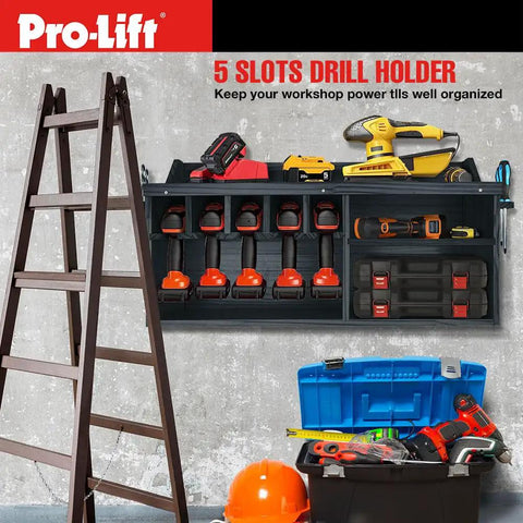 Cordless Drill Organizer Wall Mount Rack With Five Hanging Slots for Easy Tool Access in home garage, Model M004W1