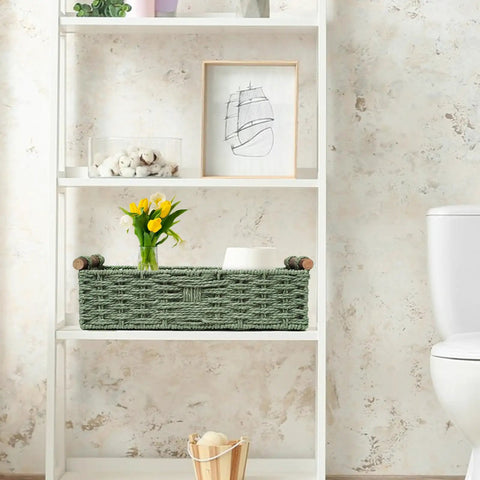 Handmade Paper Rope Storage Basket With Handle Green Wicker Bin For Countertop Or Toilet Tank Top Paper Storage Space Saver Organizing