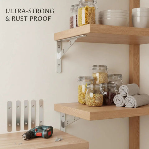 Heavy Duty Stainless Steel Shelf Bracket Wall Mount Built To Last For Garage Kitchen And Bath Storage Secure Stud Mount Level Shelving Support One Pack supporting wood shelf with jars and towels.