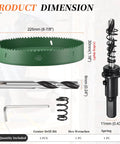 Heavy-Duty Metalixity Bi-Metal Hole Saw 8-7/8 Inch 225mm with drill bits and specifications display.
