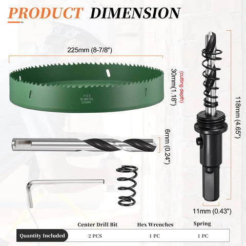 Heavy-Duty Metalixity Bi-Metal Hole Saw 8-7/8 Inch 225mm with drill bits and specifications display.