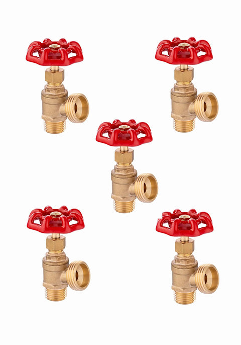 5 Pack Boiler Drain Valves One Half Inch MIP By Three Quarter Inch MHT Brass Body With Multi Turn Handle For Easy Flow Control