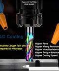 Close-up of Three Eighths Inch Carbide Square End Mill For Aluminum With Three Flutes in use, showing DLC Rainbow Coating