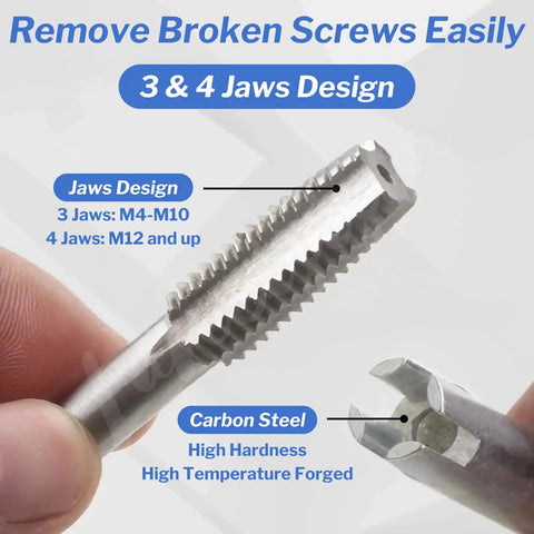 Close-up of Screw Tap Extractor Set Of 10 High Speed Steel Remover Bits showing 3 & 4 jaws design for broken head taps removal.