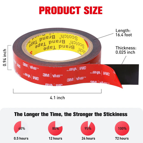 Front view of 3M VHB double-sided foam mounting tape roll, 0.94 in wide, 16.4 ft long, waterproof adhesive.