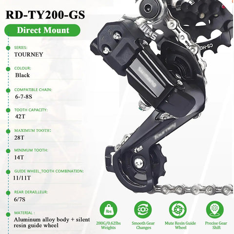 Rear Derailleur RD TY200 Six Seven Speed Direct Mount For Hybrid, Commuter, Mountain, Road And Trail Bikes Long Cage