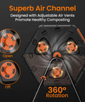 Close-up of Two Chamber Compost Tumbler 45 Gallon Capacity With 360 Degree Rotation No Fuss Assembly Outdoor Bin air vents.