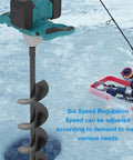 Cordless Electric Ice Auger With Six Speed 100-800 RPM And 1200Nm Torsion Power Head For Ice Fishing beside a fishing rod on ice